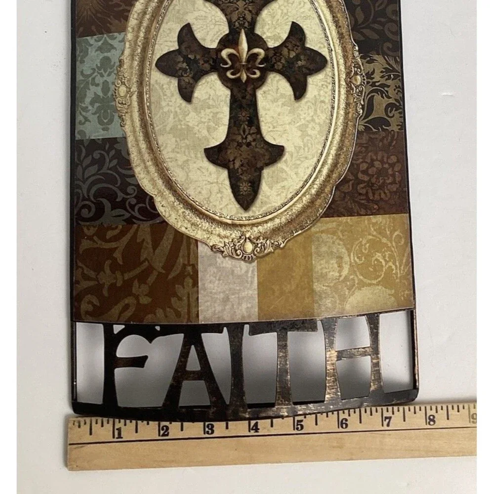 Metal Wall Decor Cross Fleur de Lis Faith Christian Set of 3 Hanging Plaques 14”